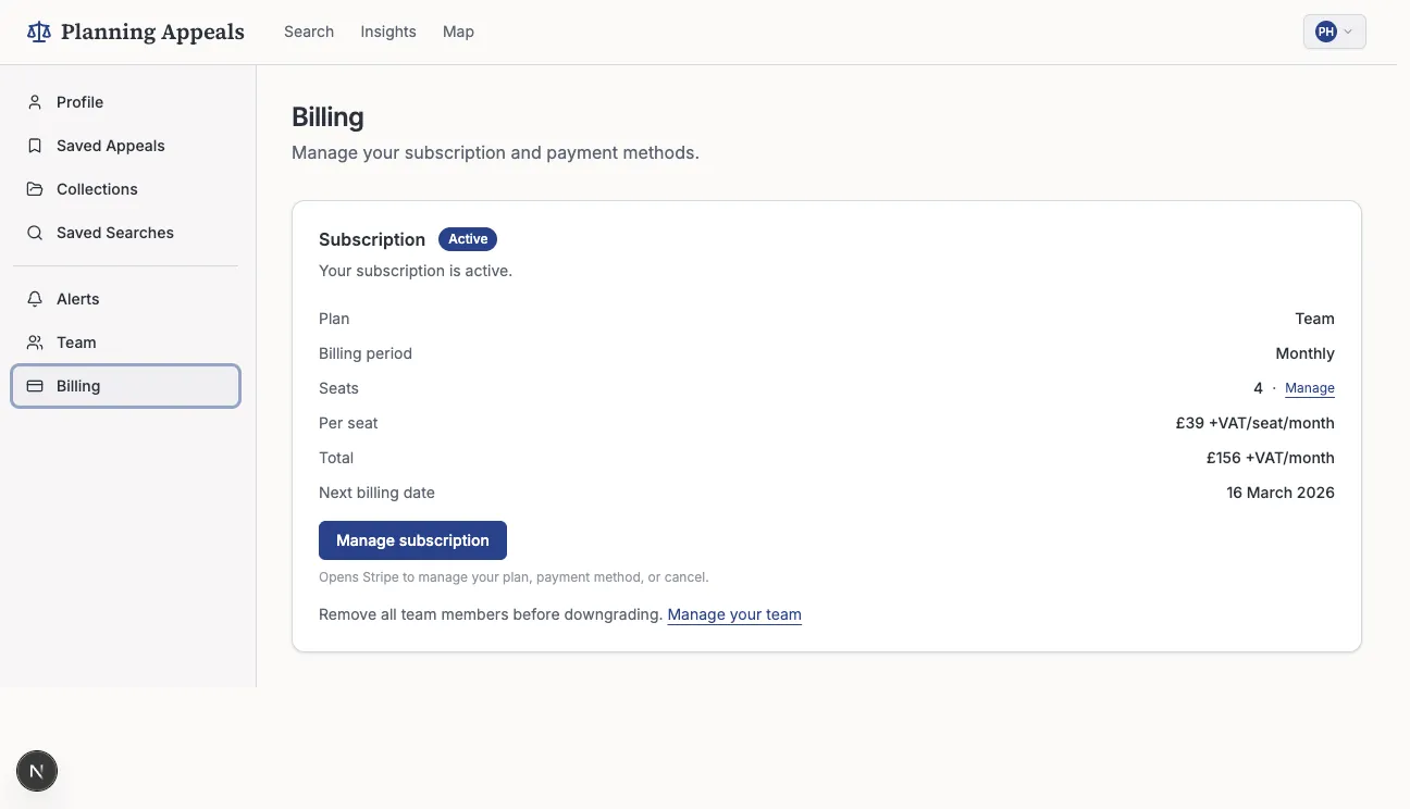 Subscription plans and billing page