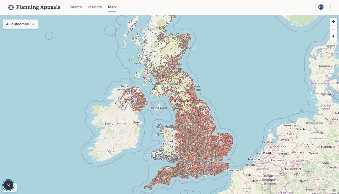Map view showing planning appeal pins across England
