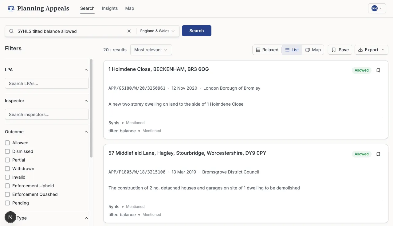 Search interface with filters for planning appeal decisions
