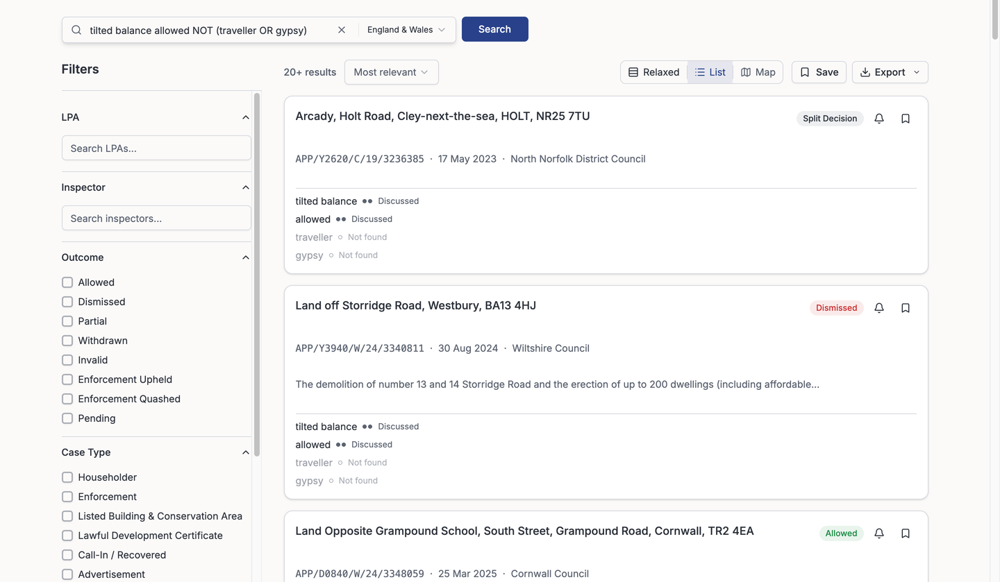 Search results for tilted balance allowed NOT traveller OR gypsy showing term match indicators, filter sidebar, and boolean query across England and Wales appeals