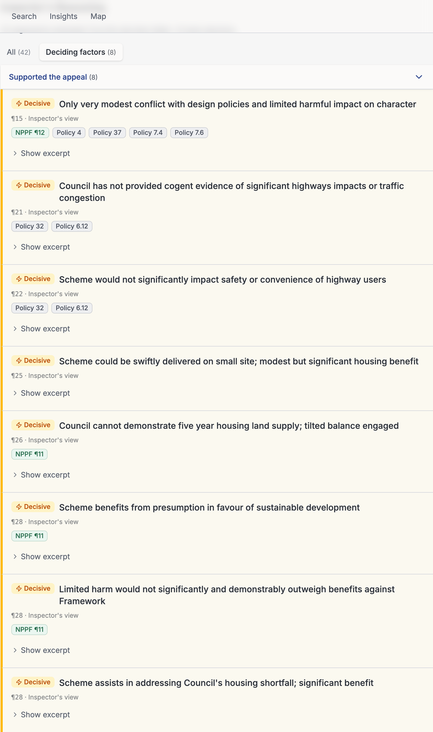 Inspector's reasoning showing 42 extracted arguments with decisive factors highlighted in amber, NPPF and local policy badges on each argument