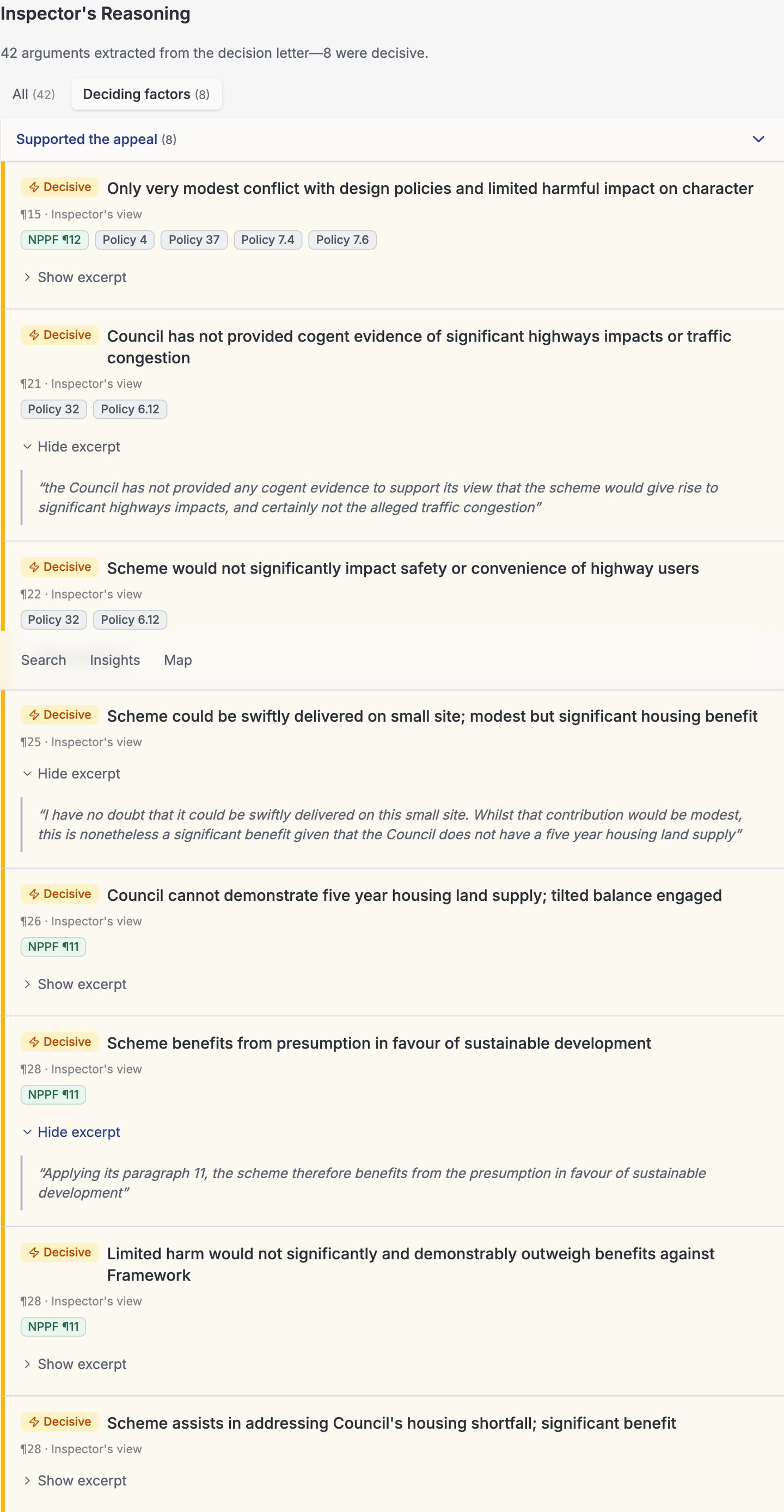 Expanded verbatim excerpts from the decision letter showing the inspector's exact words in grey quote boxes beneath each argument