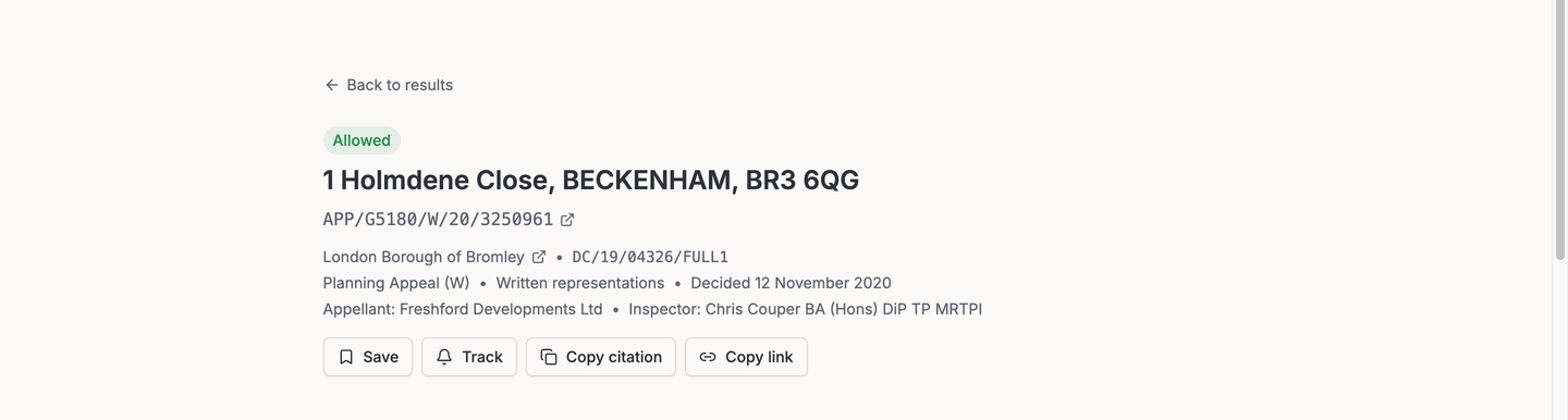 Case detail header showing outcome badge, appeal reference, planning application reference link, inspector name, and Save Track Copy actions
