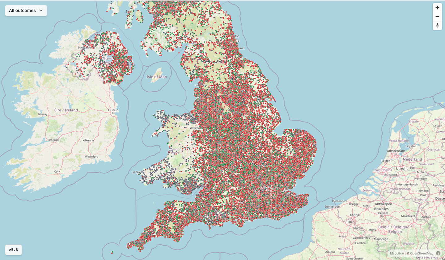 Interactive map of the United Kingdom showing thousands of geocoded planning appeals as colour-coded pins, green for allowed and red for dismissed, across England Wales Scotland and Northern Ireland