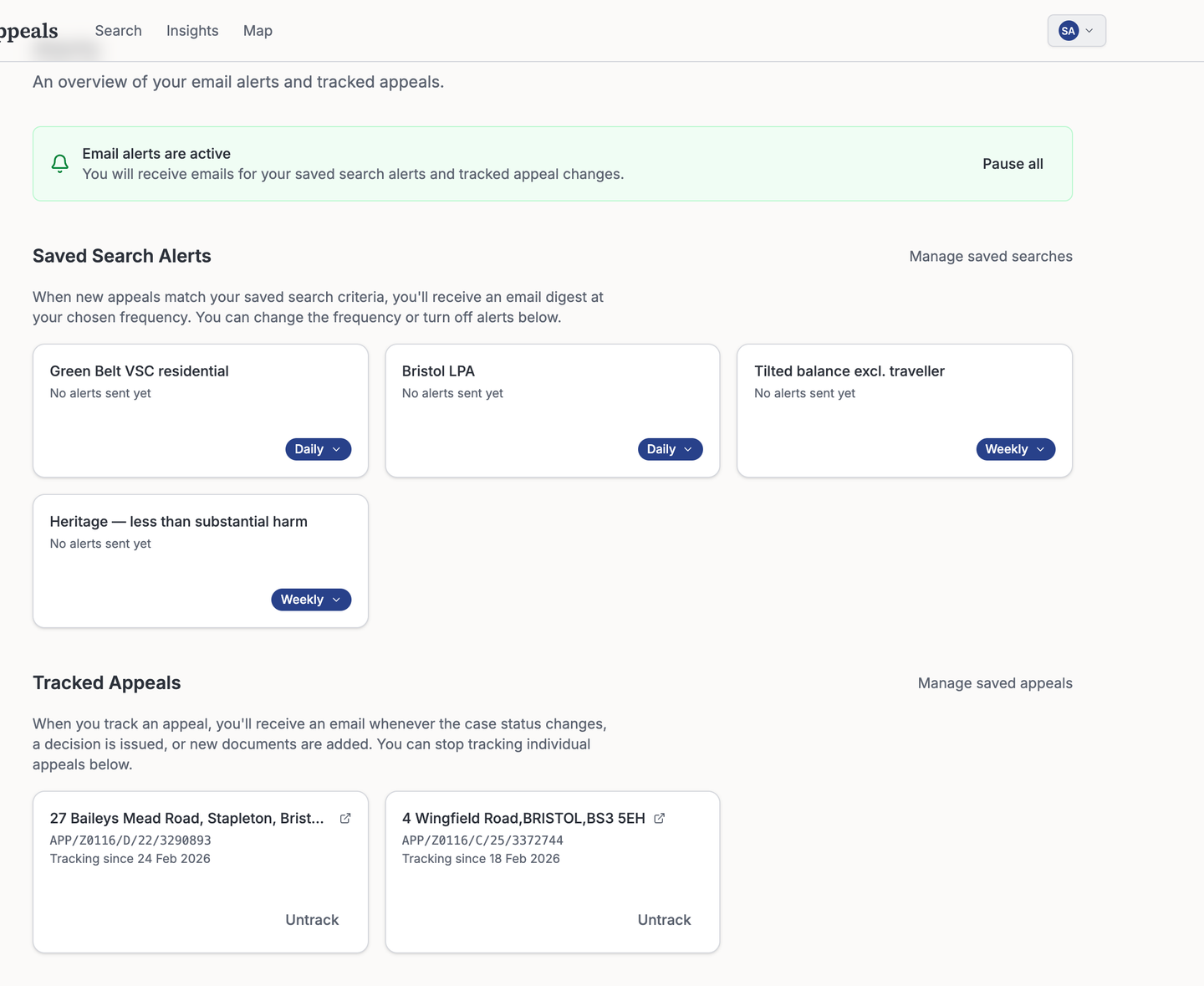 Alerts dashboard showing four active saved search alerts with weekly and daily frequency badges, and two tracked pending appeal cases with tracking dates