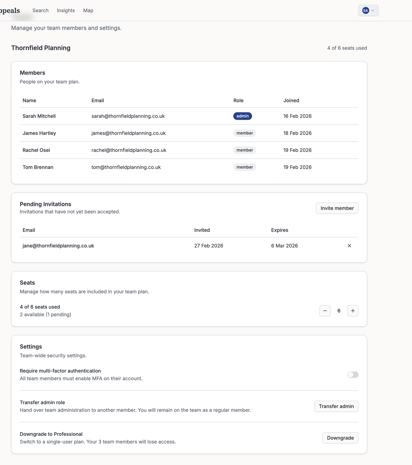 Team management page for Thornfield Planning showing four members with roles and join dates, seat allocation controls, pending invitations, and multi-factor authentication settings